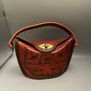 Vintage Hand tolled  Thick Leather  Purse Burgundy or Oxblood Red  Handbag BOHO